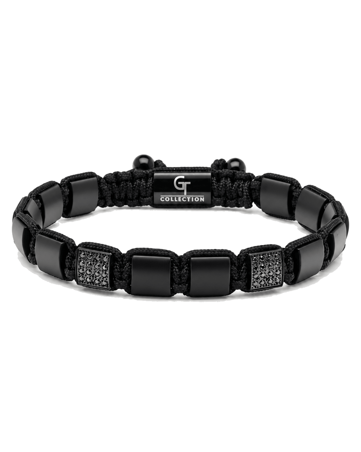 Black bead bracelet with braided rope, square links, and engraved "G COLLECTION" plate Main image
