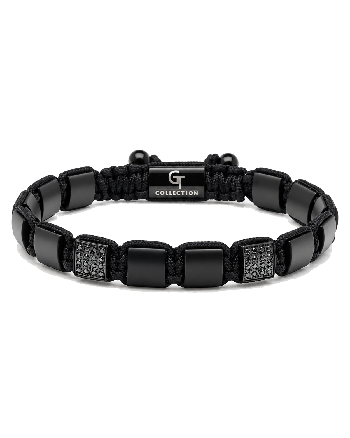 Black bead bracelet with braided rope, square links, and engraved "G COLLECTION" plate Main image