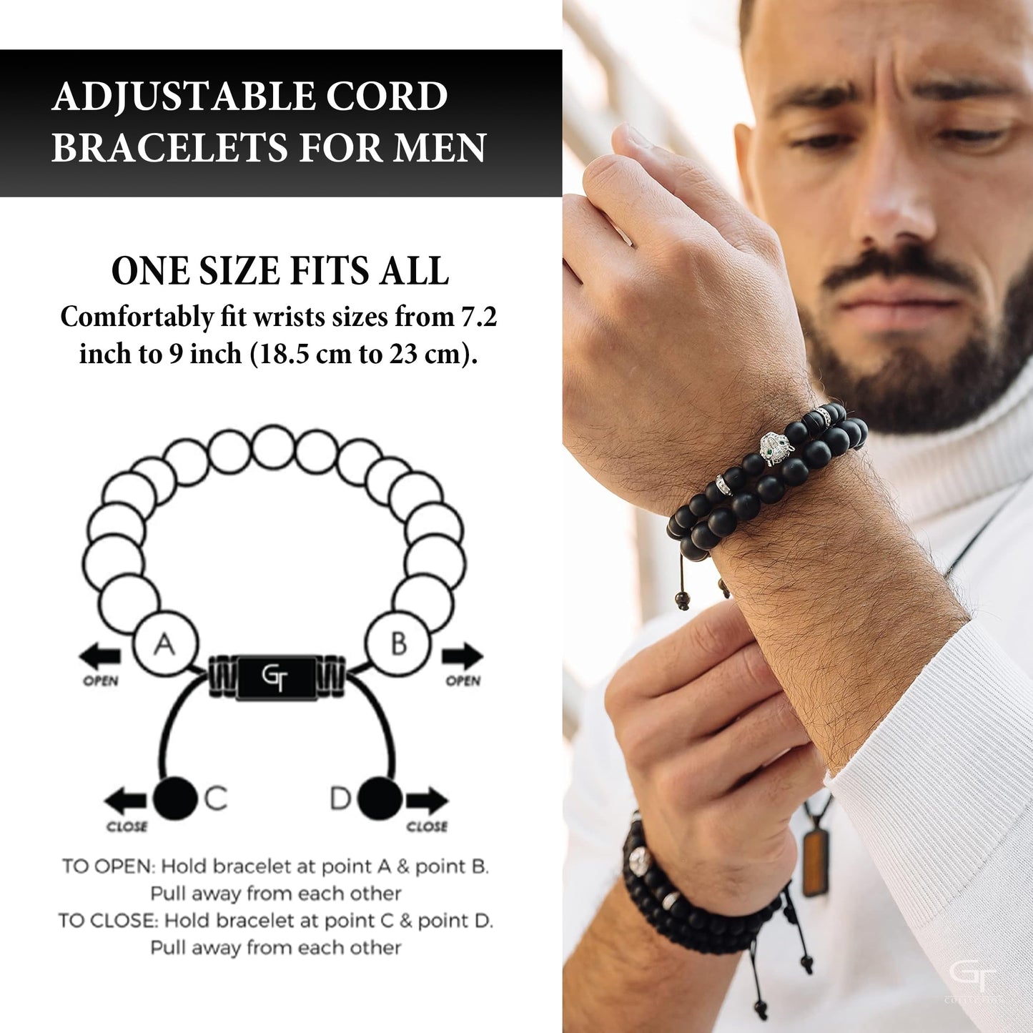 Men's BLACK ONYX Bracelet With Silver LEOPARD Head