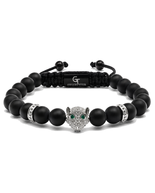 Black onyx bead bracelet with silver leopard charm and green stone, adjustable cord