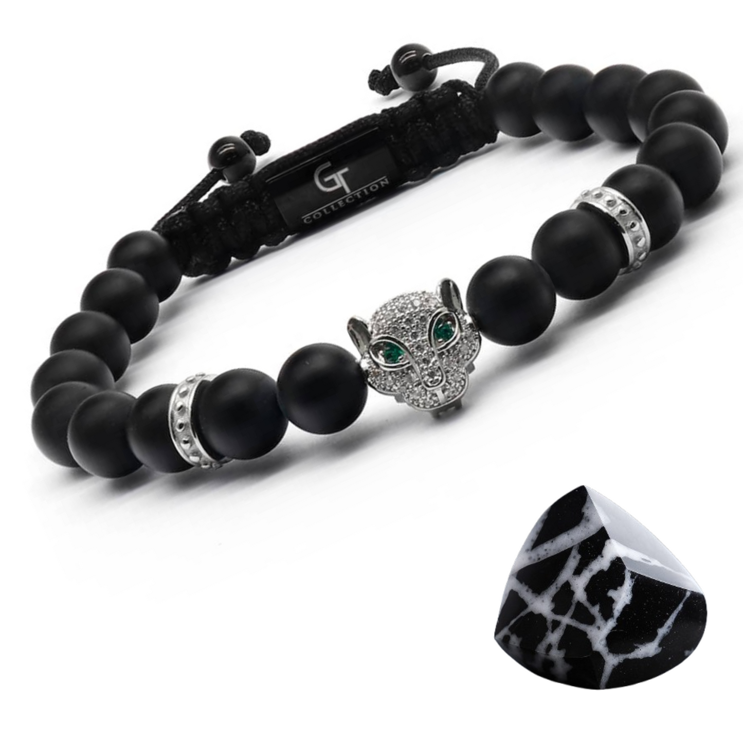 Men's BLACK ONYX Bracelet With Silver LEOPARD Head