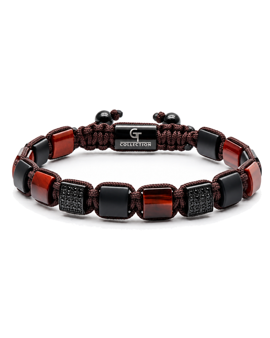 Beaded bracelet with red, black, and dark silver beads, center logo plate, braided cord