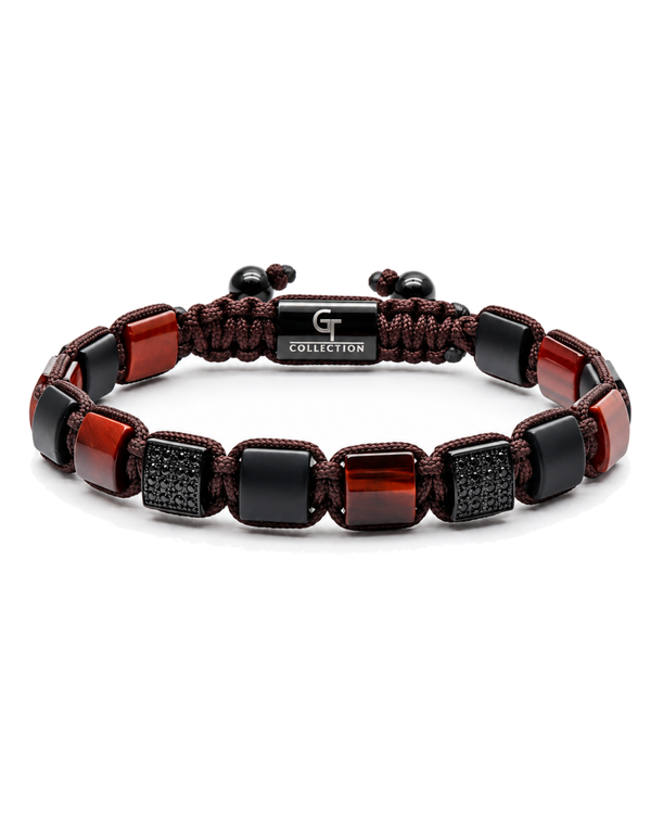 Beaded bracelet with red, black, and dark silver beads, center logo plate, braided cord