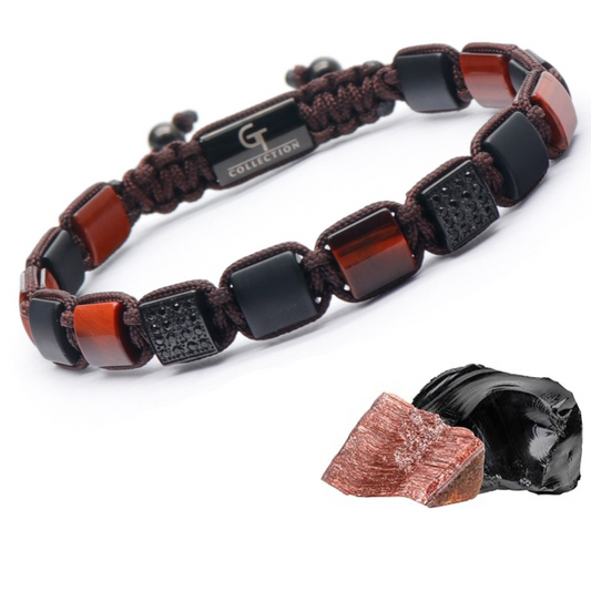Men's RED TIGER EYE, BLACK ONYX Flat bead Bracelet
