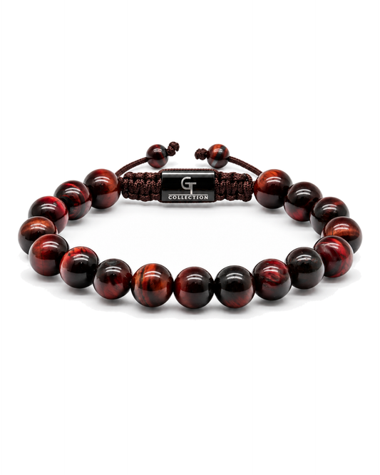 Tiger eye single-row bead bracelet with red-brown and dark round beads