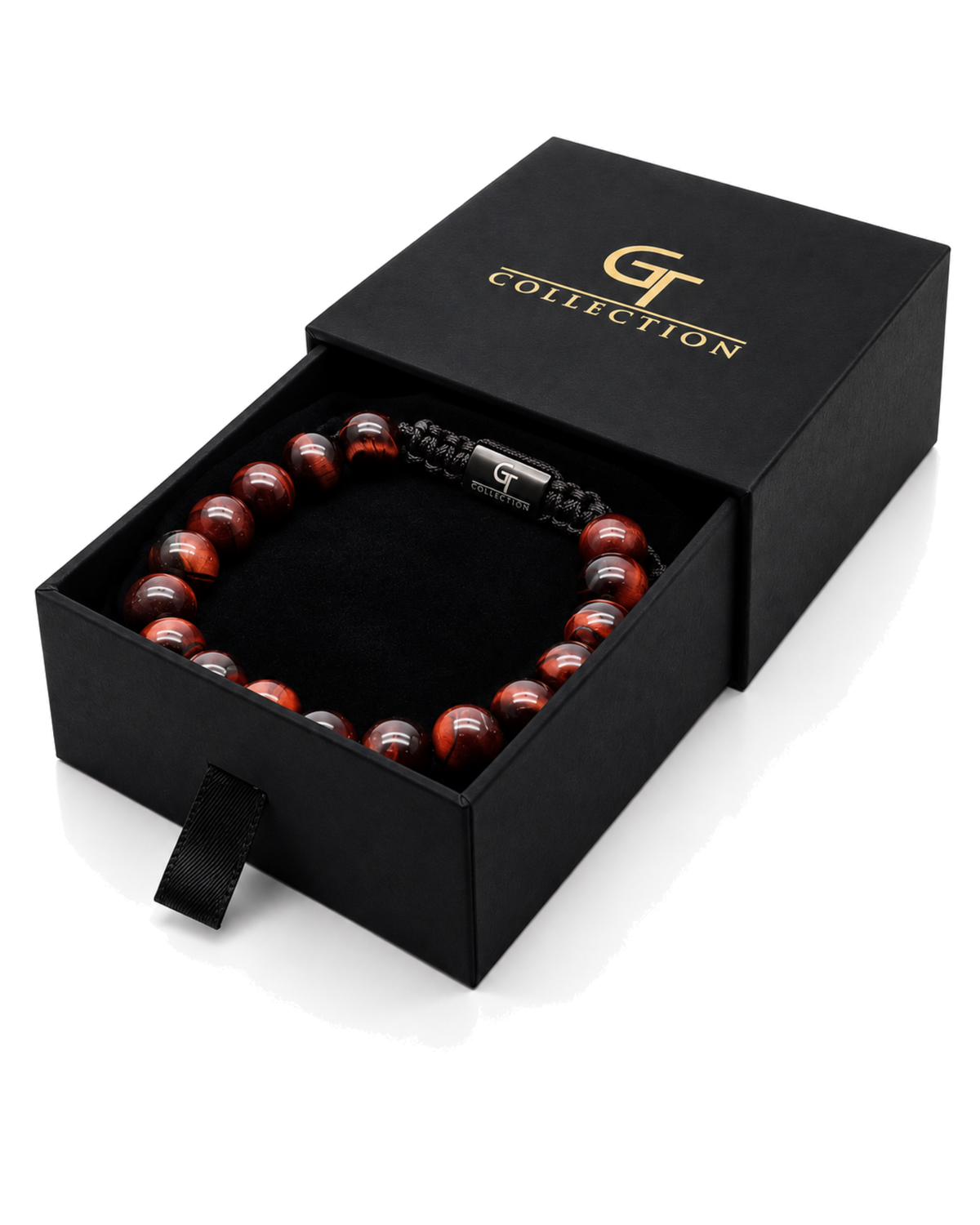 Tiger eye bead bracelet in black gift box with macrame cord and G Collection tag