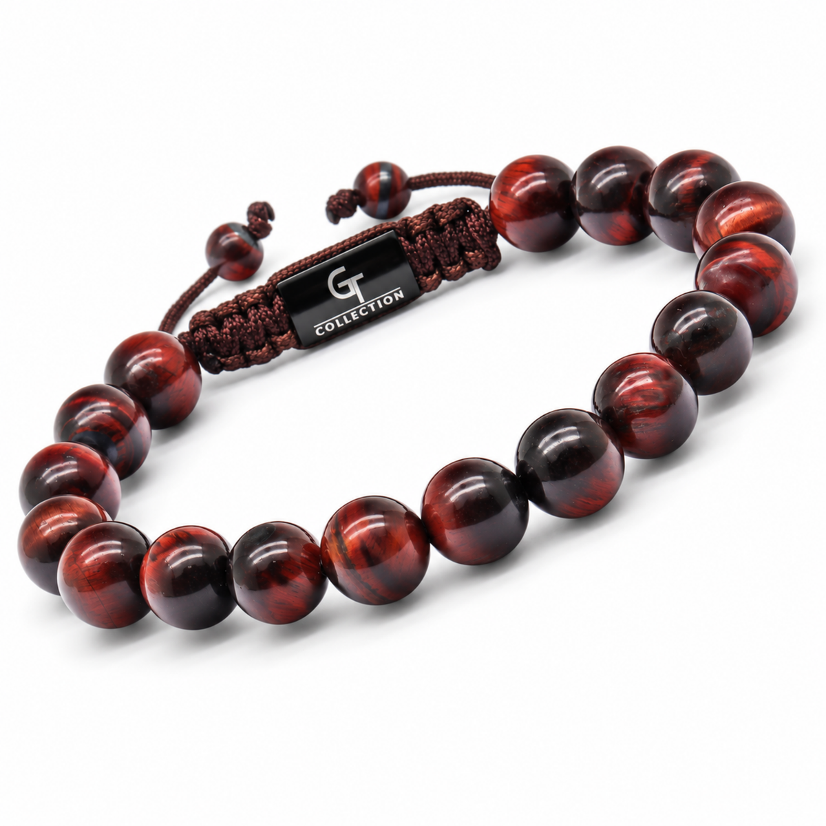 Tiger-eye beaded bracelet with drawstring cord, dark red and black beads, G Collection tag