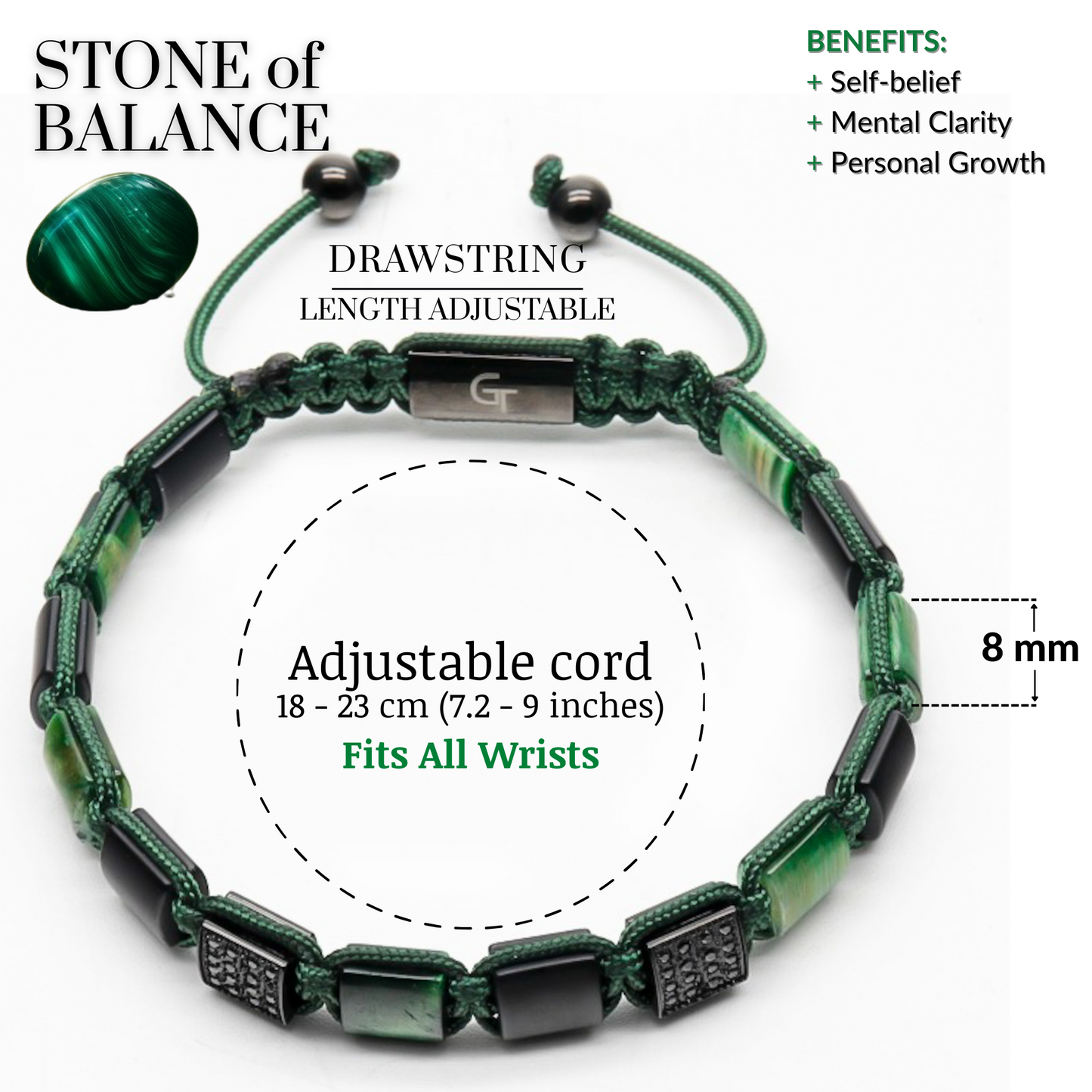 Men's GREEN TIGER EYE, BLACK ONYX Flat bead Bracelet