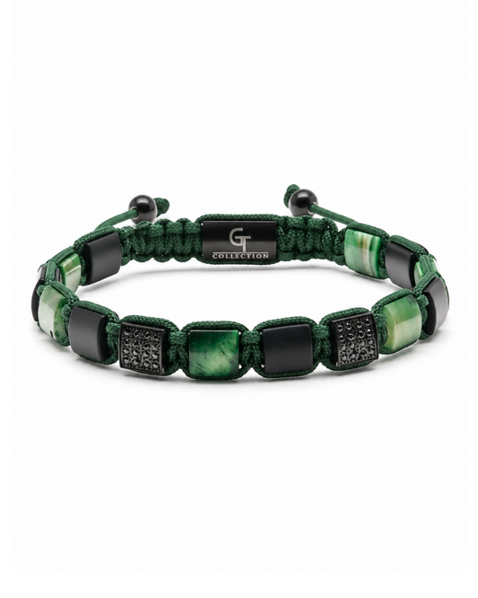 Green and black bead bracelet with flat tiger eye stones and onyx block beads