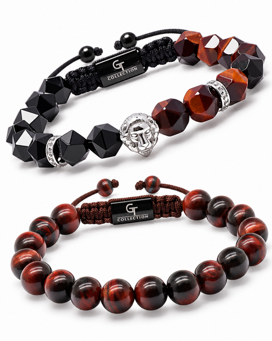 Gemstone beaded bracelet stack with black, red-brown, and silver lion charms