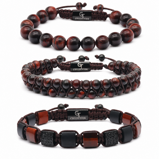 Three tiger eye bracelets set, dark red and black beads with woven straps and metal clasps
