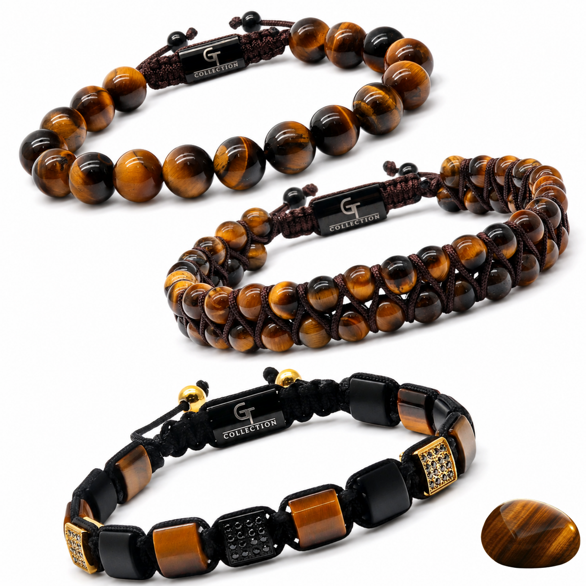 Three tiger eye bead bracelets with black leather, braided cords, and gold accents