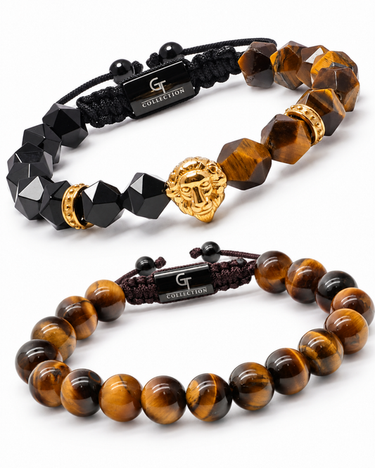 2-piece bracelet set: black bead and tiger-eye bead stacks with gold lion charms