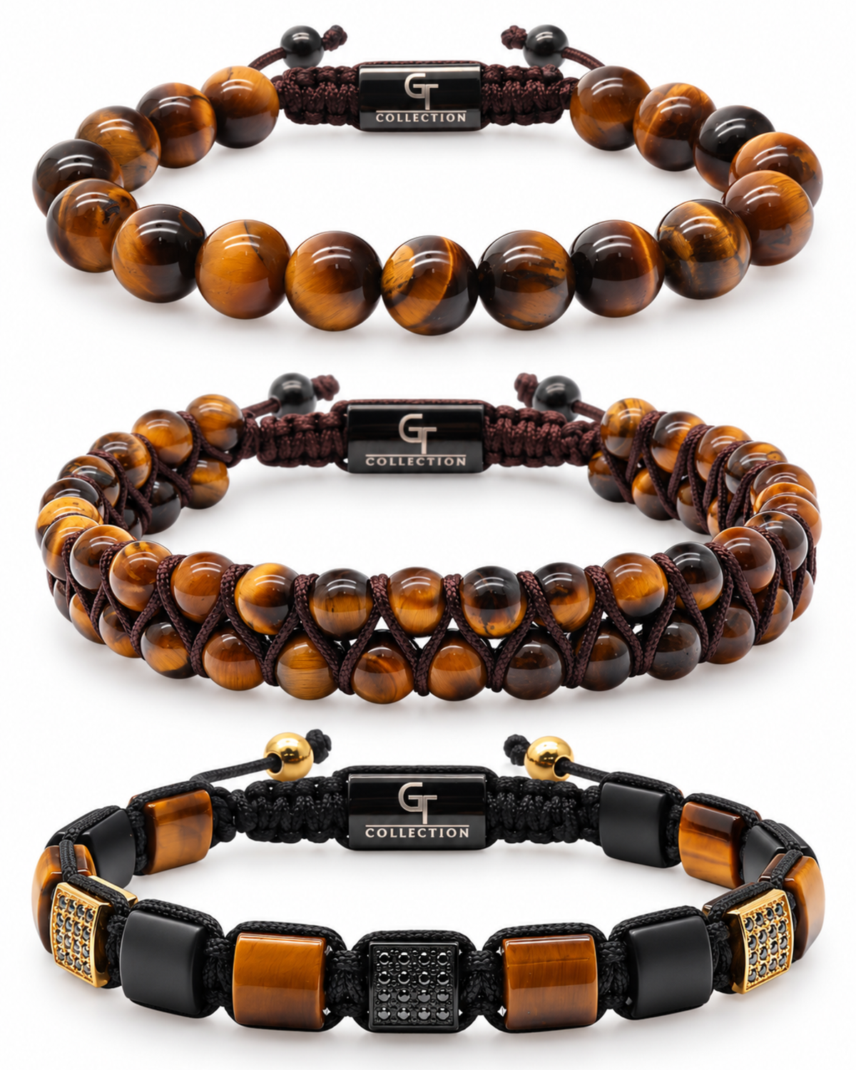Tiger eye 3-piece bracelet set with black macrame and dark bead accents Immagine principale del prodotto