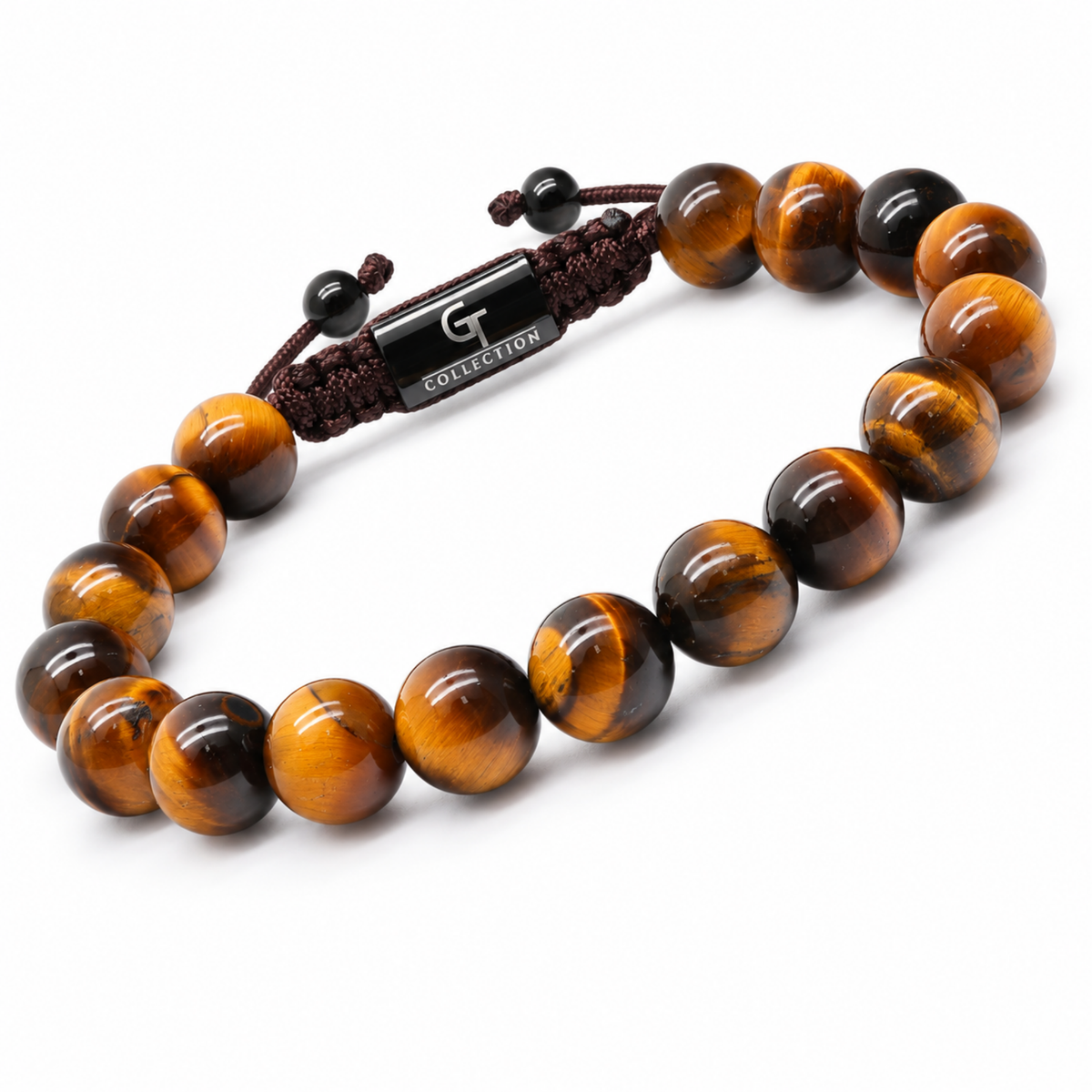 Tiger eye beaded bracelet with brown and black stones and black adjustable cord, gold tag