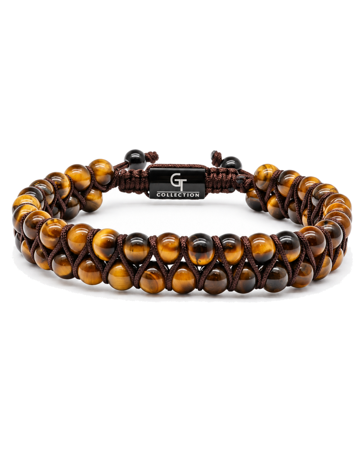 Tiger eye and black bead double-row bracelet with dark cord and rectangular tag Main image