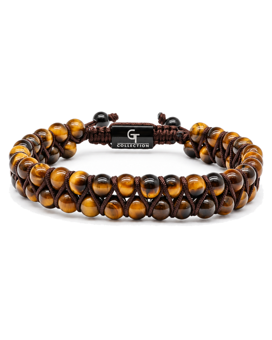 Tiger eye and black bead double-row bracelet with dark cord and rectangular tag