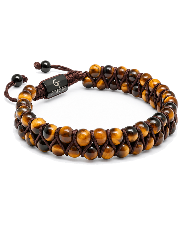 Tiger eye and black bead double-row bracelet with braided cord and hanging tag
