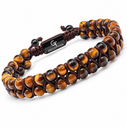 Tiger eye and black bead bracelet with braided cord and center leather tag