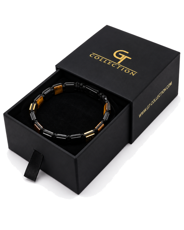 Bead bracelet in gift box: black cord with tiger eye and black onyx beads, gold accents