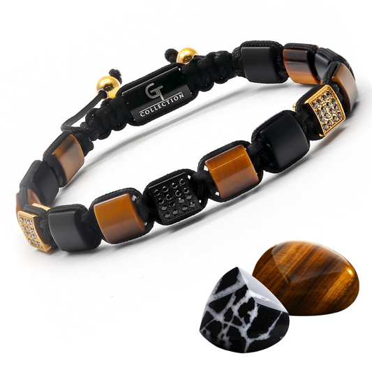 Men's TIGER EYE, BLACK ONYX Flat bead Bracelet