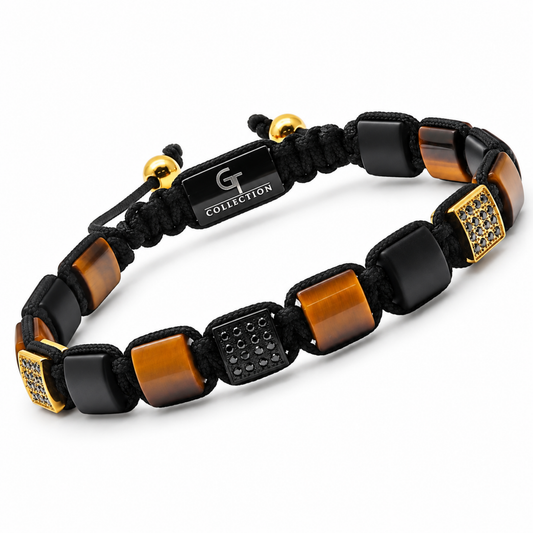 Black cord flat bead bracelet with amber tiger-eye blocks, gold end beads and square charm