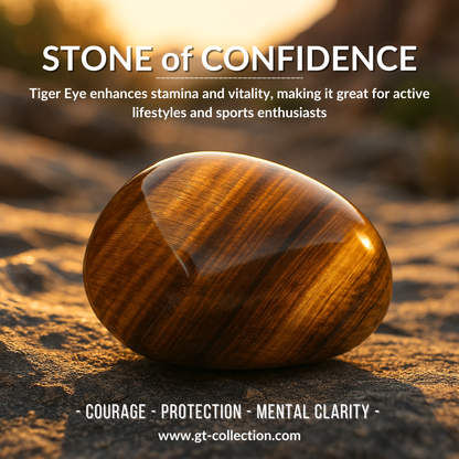 A polished Tiger Eye stone with a golden HAMSA hand symbol; the stone is used for enhancing stamina and vitality, suitable for active lifestyles and sports enthusiasts.