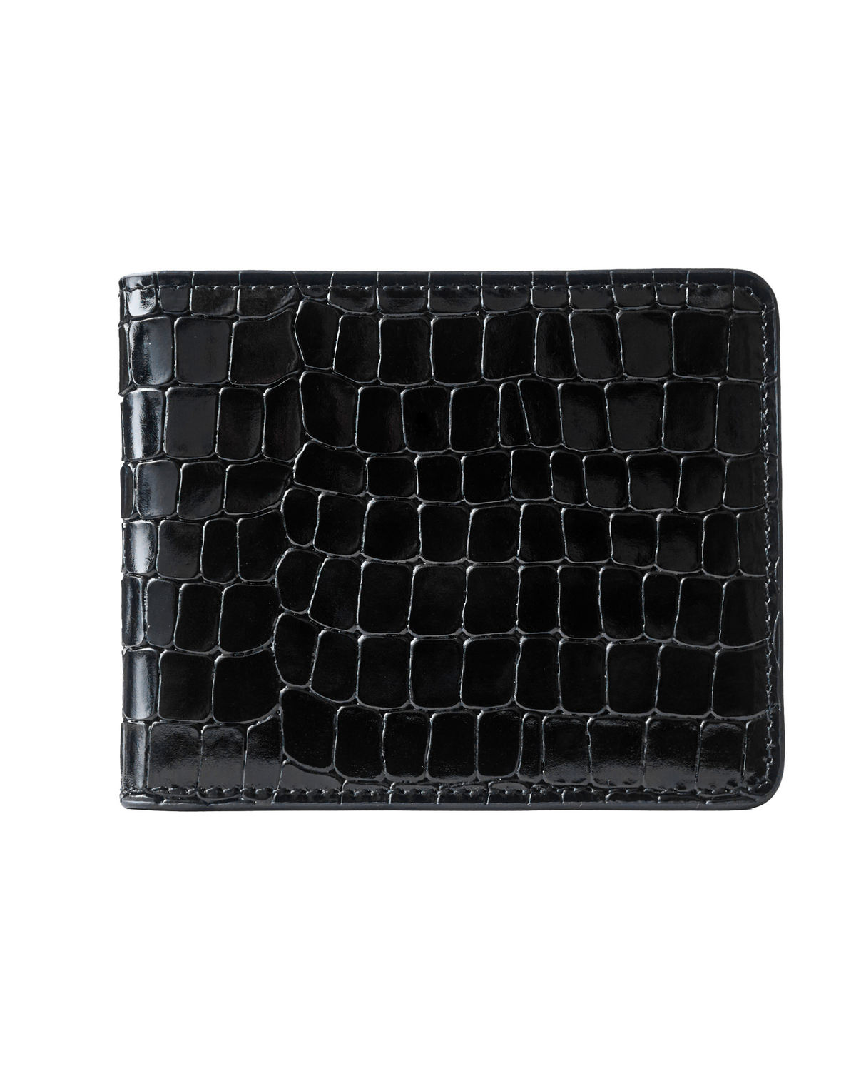 Black croc-embossed leather wallet back, glossy scale pattern with edge stitching.