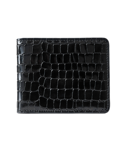 Black croc-embossed leather wallet back, glossy scale pattern with edge stitching.