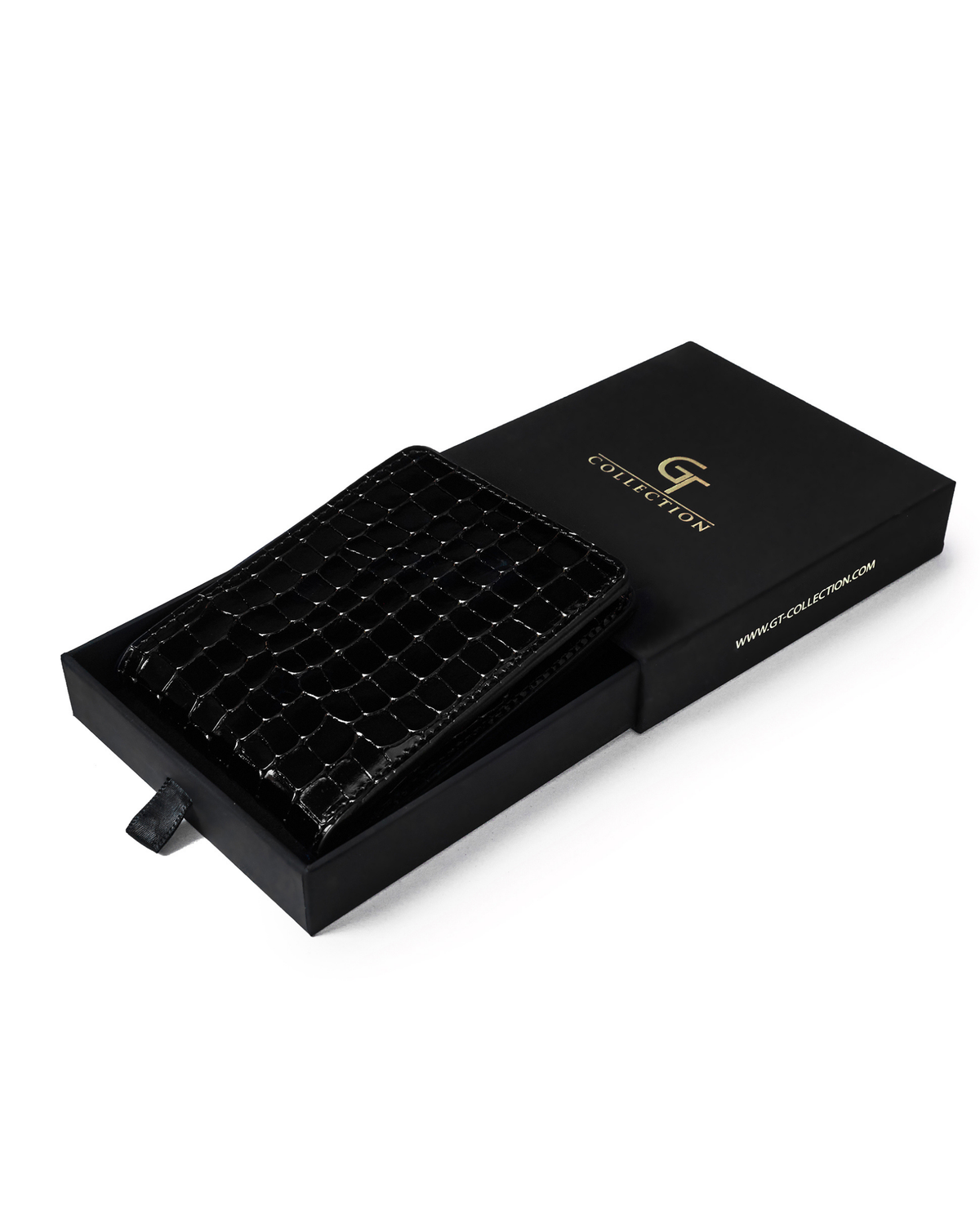 Black croc-embossed leather wallet, slim profile, in a black gift box.