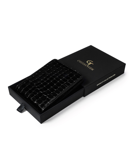 Black croc-embossed leather wallet, slim profile, in a black gift box.