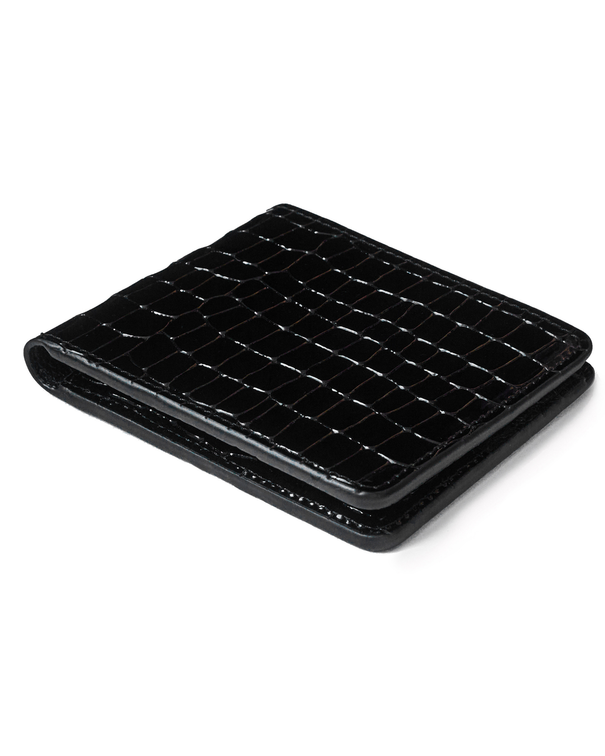 Black croc-embossed leather wallet, front view with textured grid pattern.