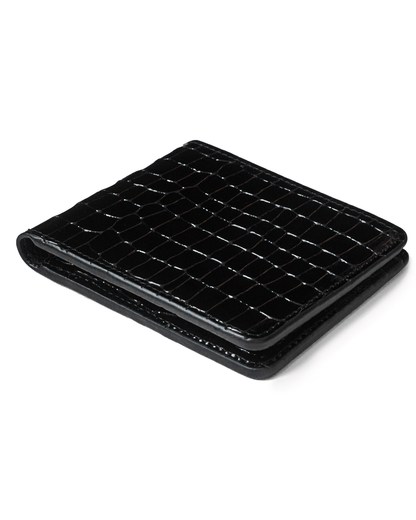 Black croc-embossed leather wallet, front view with textured grid pattern.
