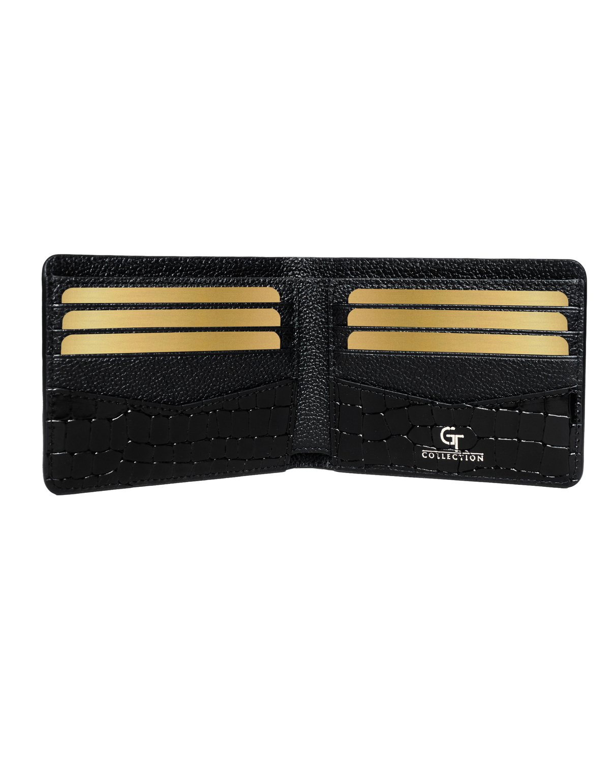 Black croc-embossed leather bifold wallet, four card slots on interior.