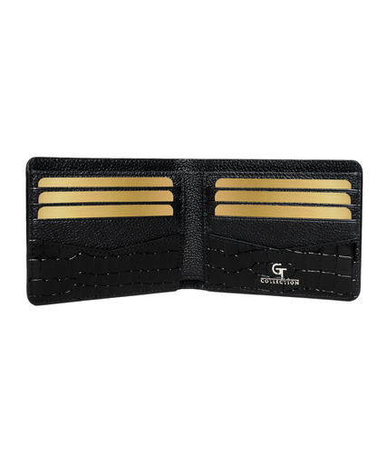 Black croc-embossed leather bifold wallet, four card slots on interior.
