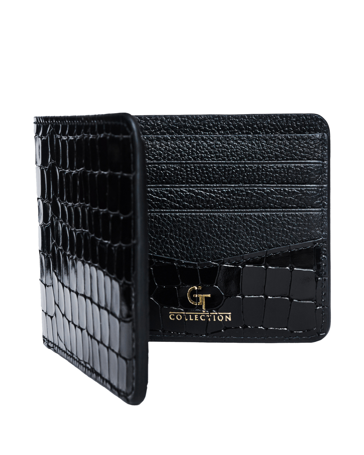 Black croc-embossed leather bifold wallet with gold logo plaque and card compartments.