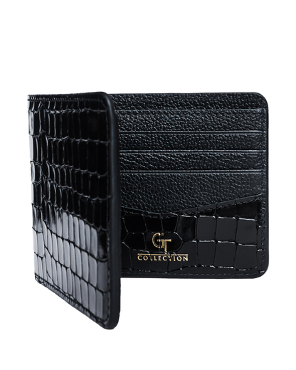 Black croc-embossed leather bifold wallet with gold logo plaque and card compartments.
