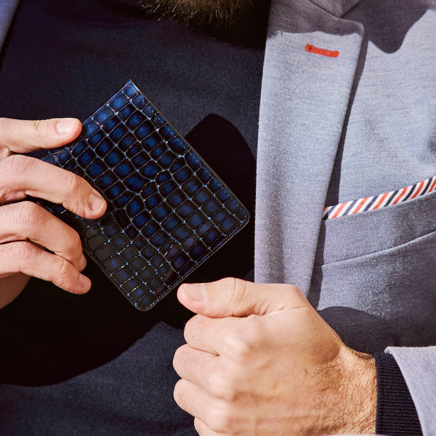 Men's Croc-Print Wallet - Blue Genuine Leather