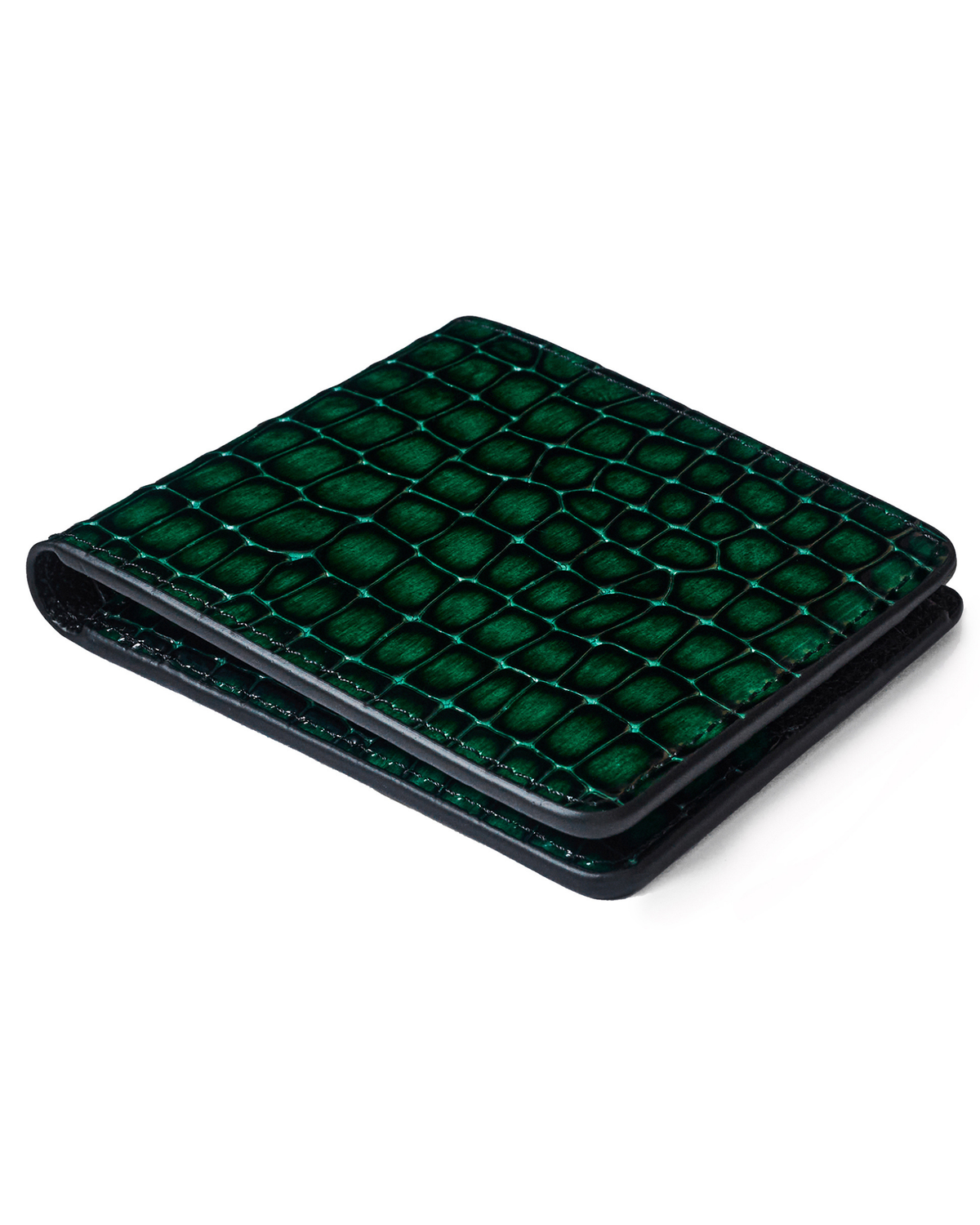 Green croc-embossed leather wallet with black trim, front view.
