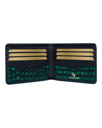 Bifold wallet open: green croc pattern with black interior and card slots.