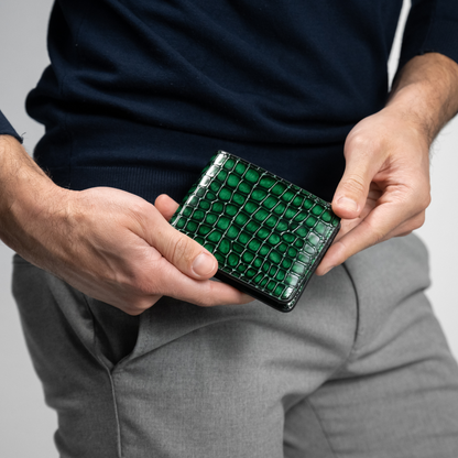 Men's Croc-Print Wallet - Green Genuine Leather