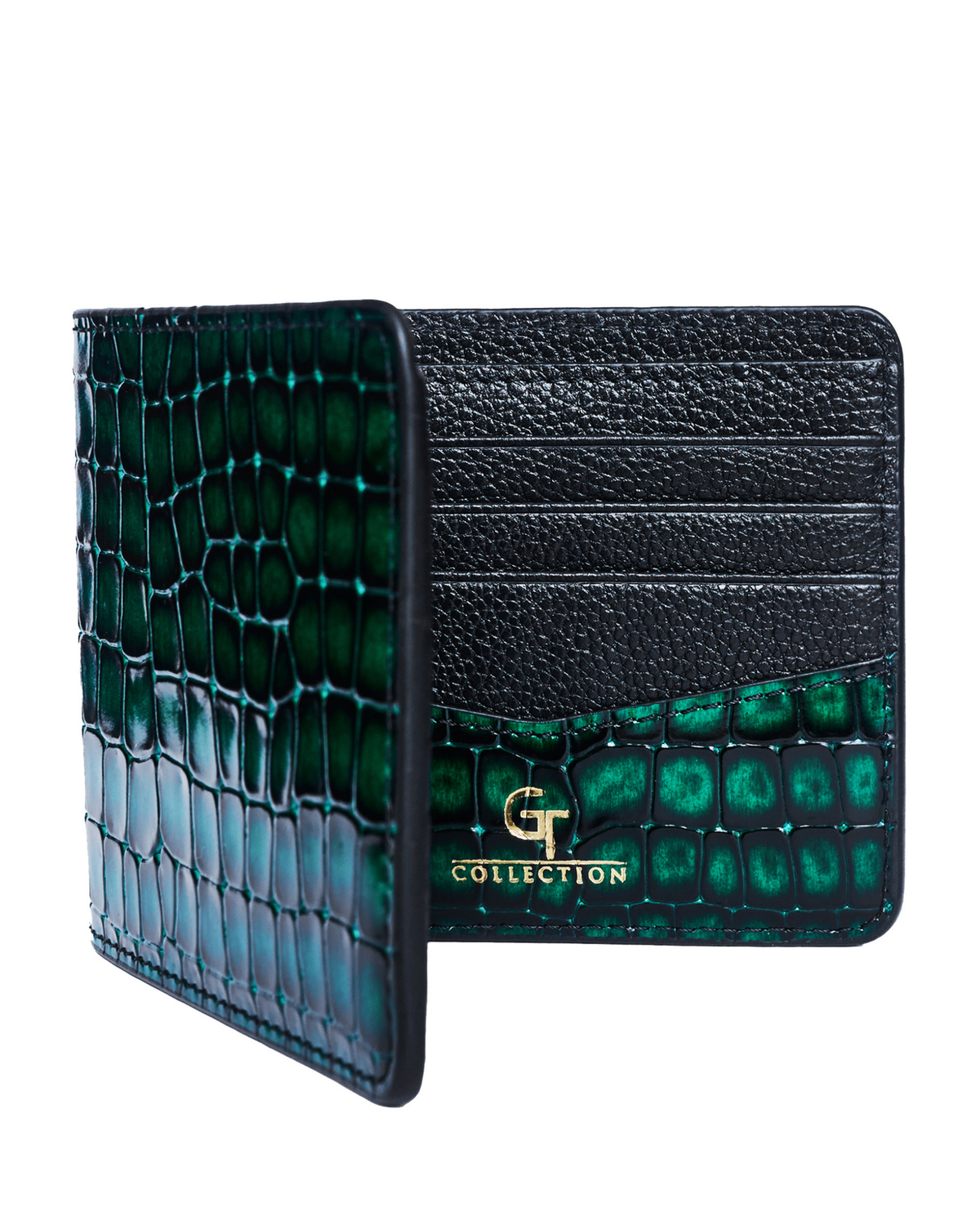 Green croc-embossed leather wallet with black panels, side view with logo.