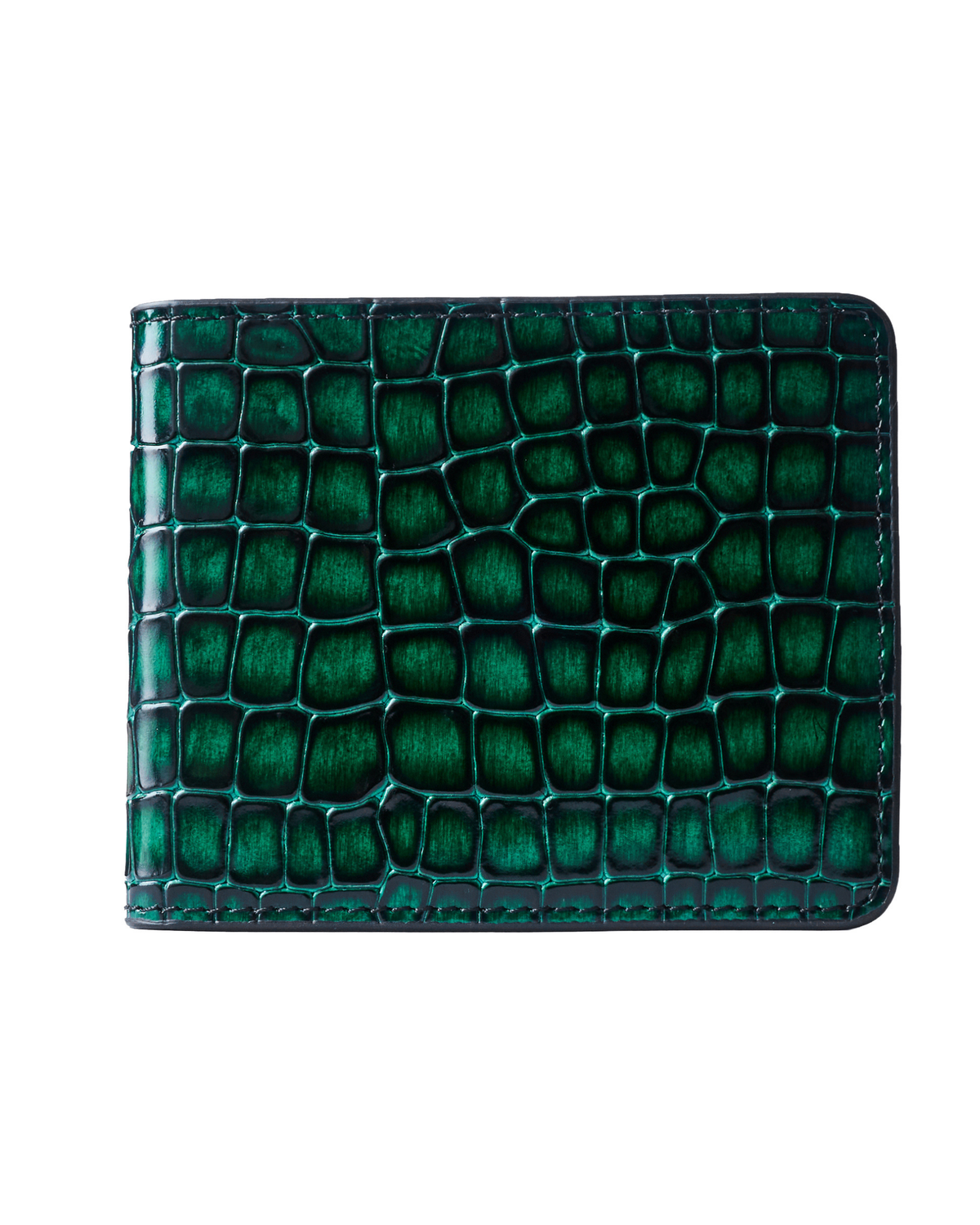 Green croc-embossed leather wallet with textured front panel.