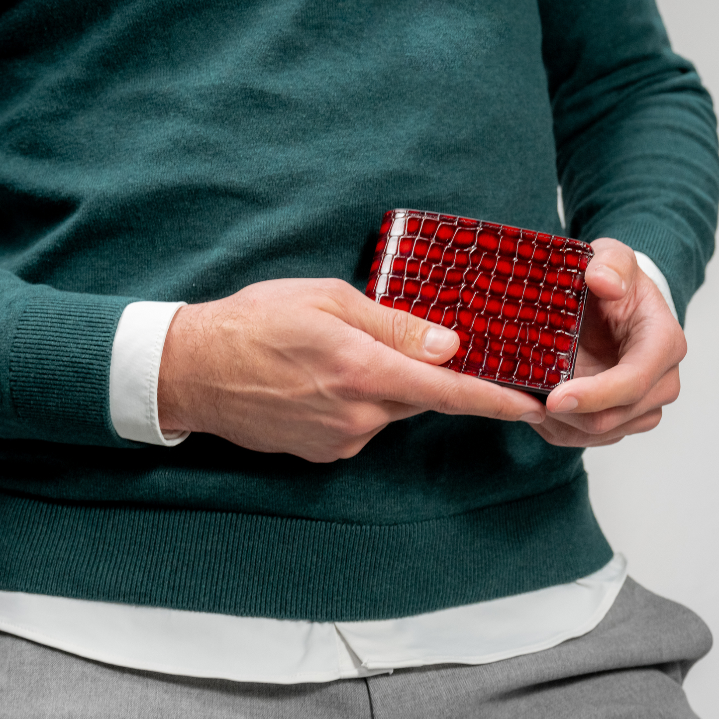 Men's Croc-Print Wallet - Red Genuine Leather