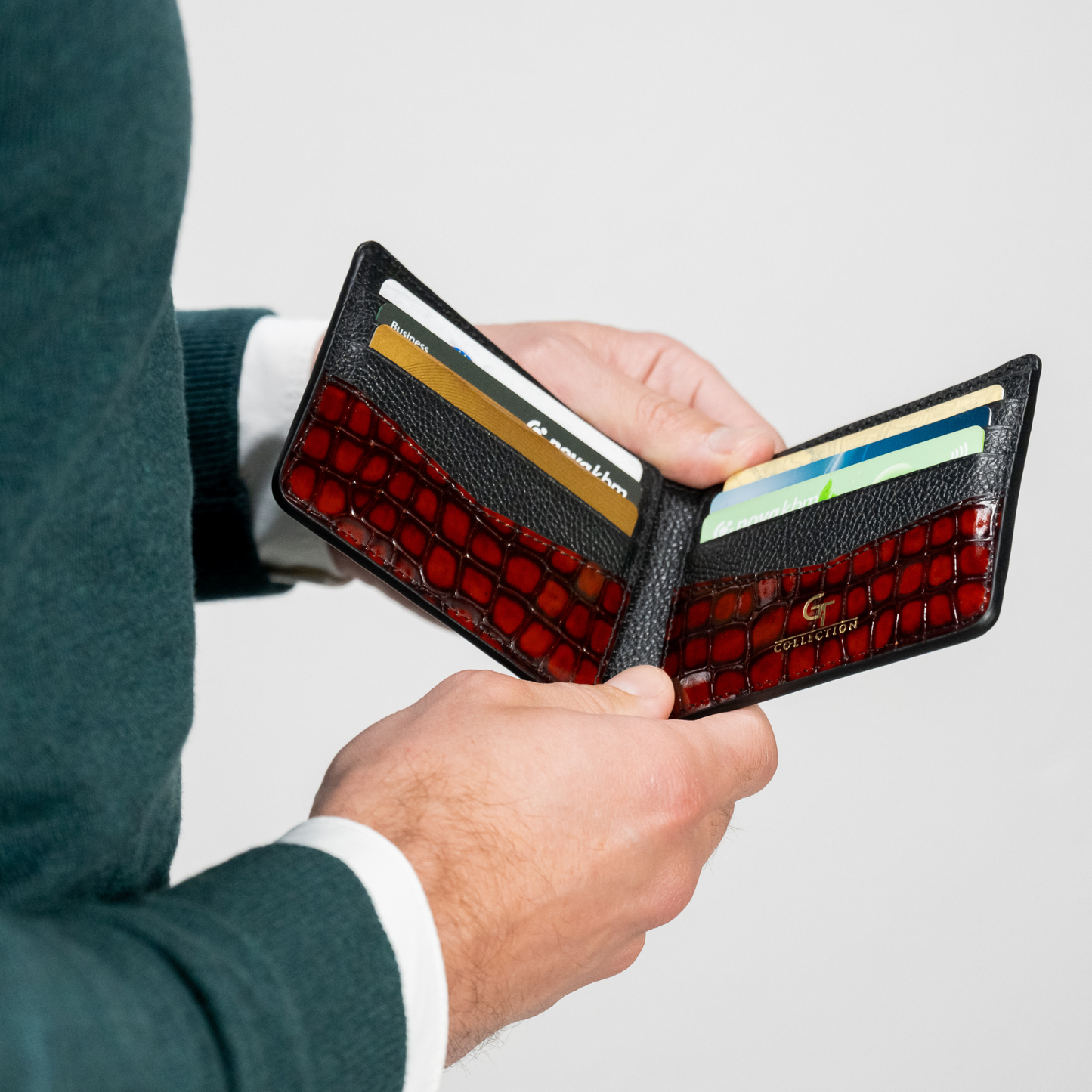 Men's Croc-Print Wallet - Red Genuine Leather