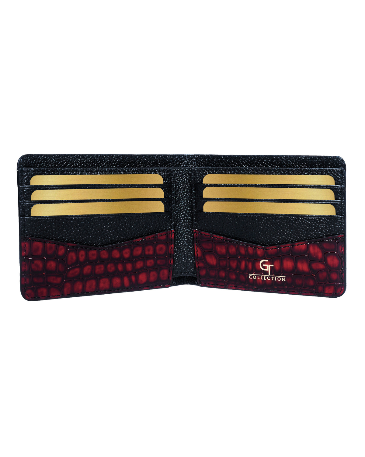 Open red croc-embossed leather wallet with two card-slot rows and gold logo.