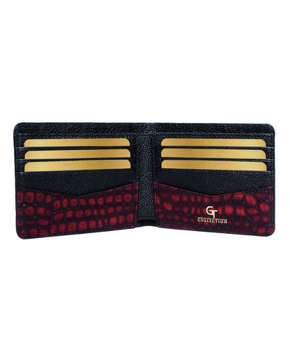 Open red croc-embossed leather wallet with two card-slot rows and gold logo.