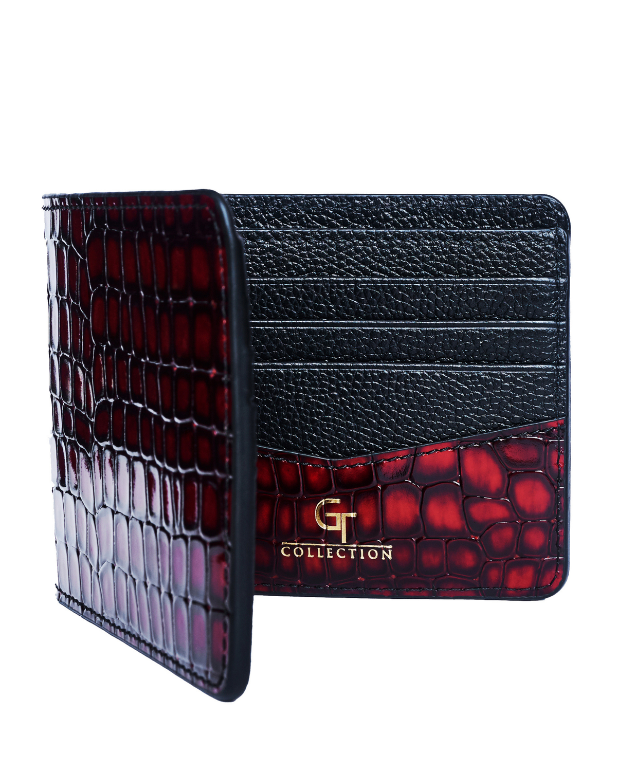 Red and dark croc-embossed leather wallet exterior with gold “G” logo plaque.