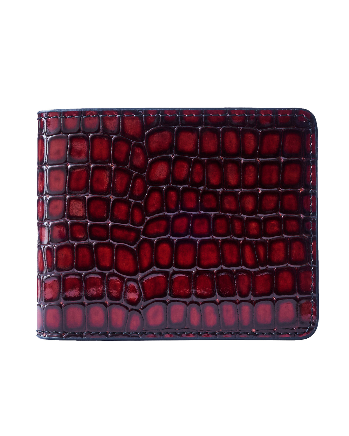Red croc-embossed leather wallet front with contrast stitching and structured top edge.