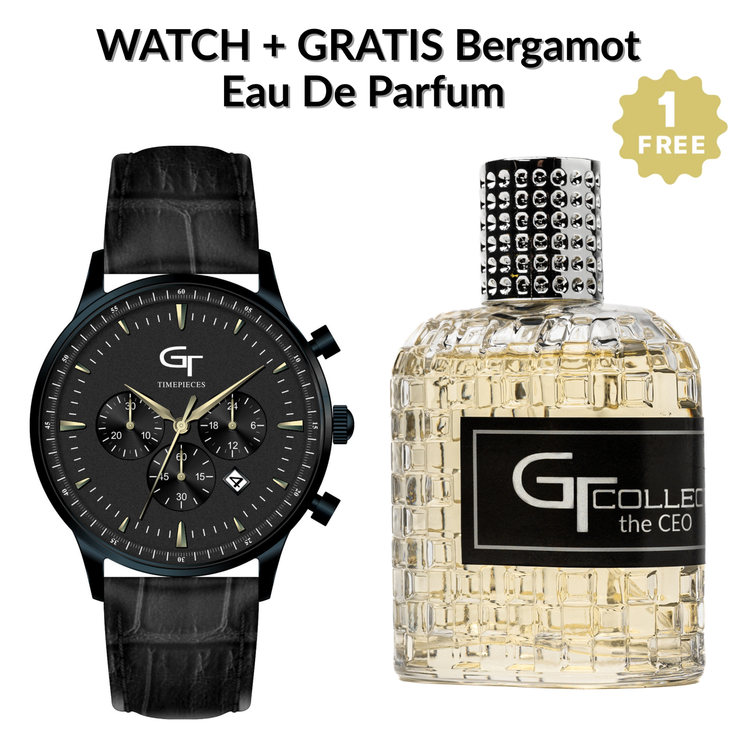 Elegant Men's Watch Black + Free Bergamot Perfume - Gift Set